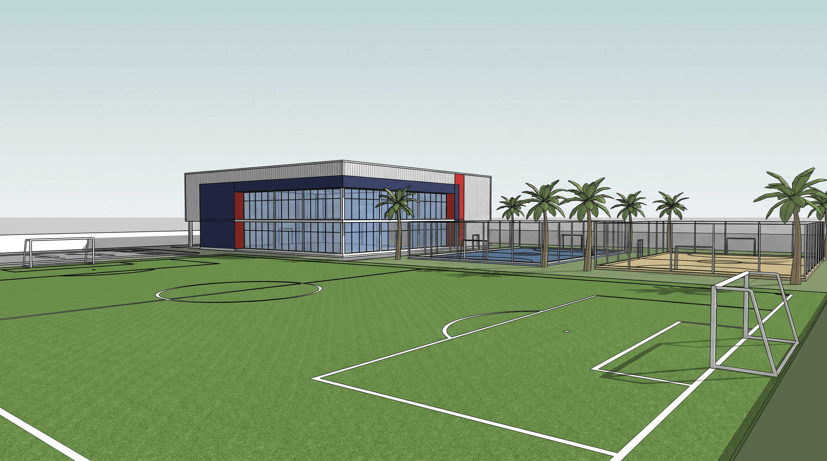 3D rendering of the ILG clubhouse and fields